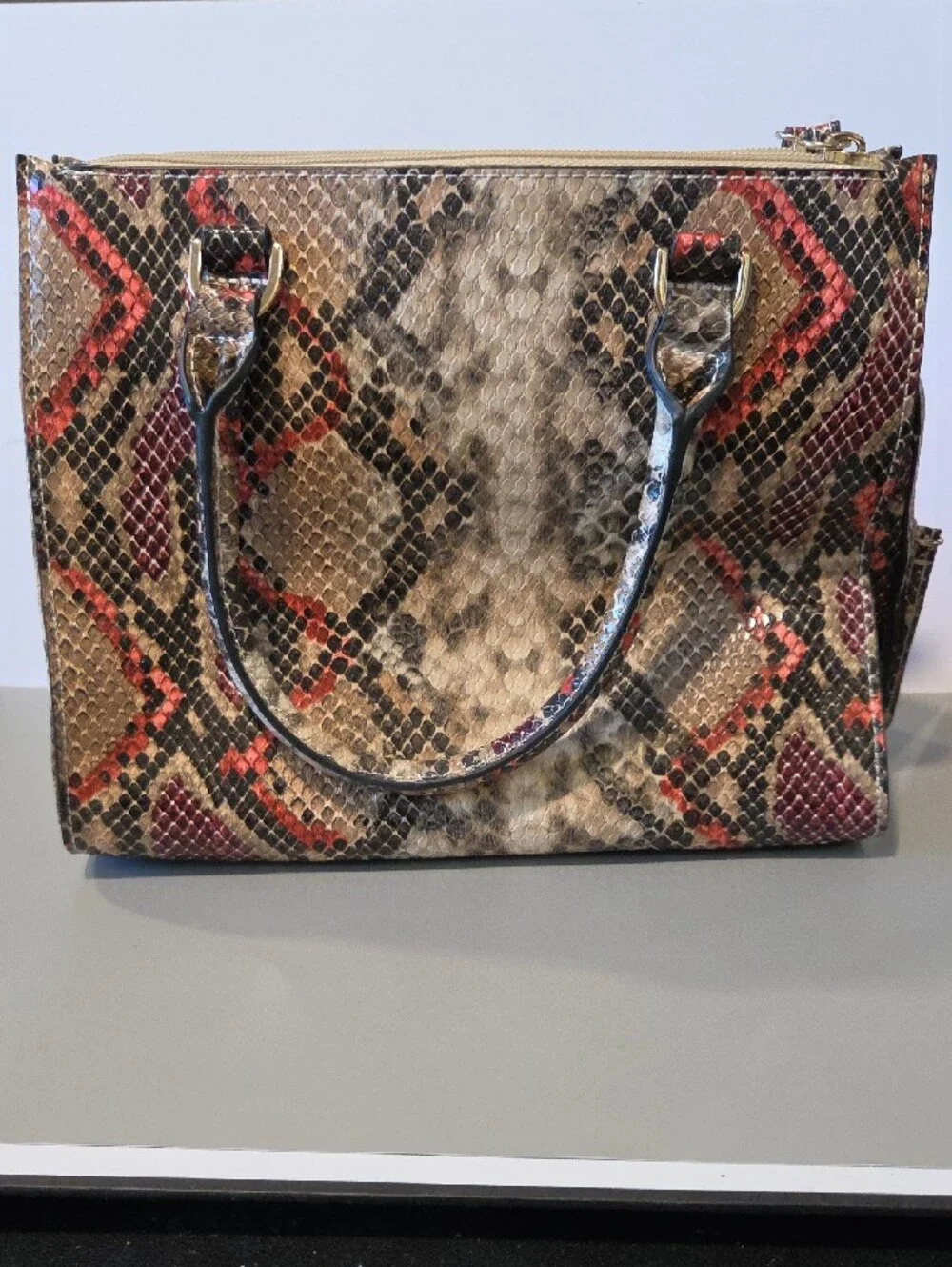 Fiorelli Mia Snake-Print Structured Tote Handbag in Beige and Red